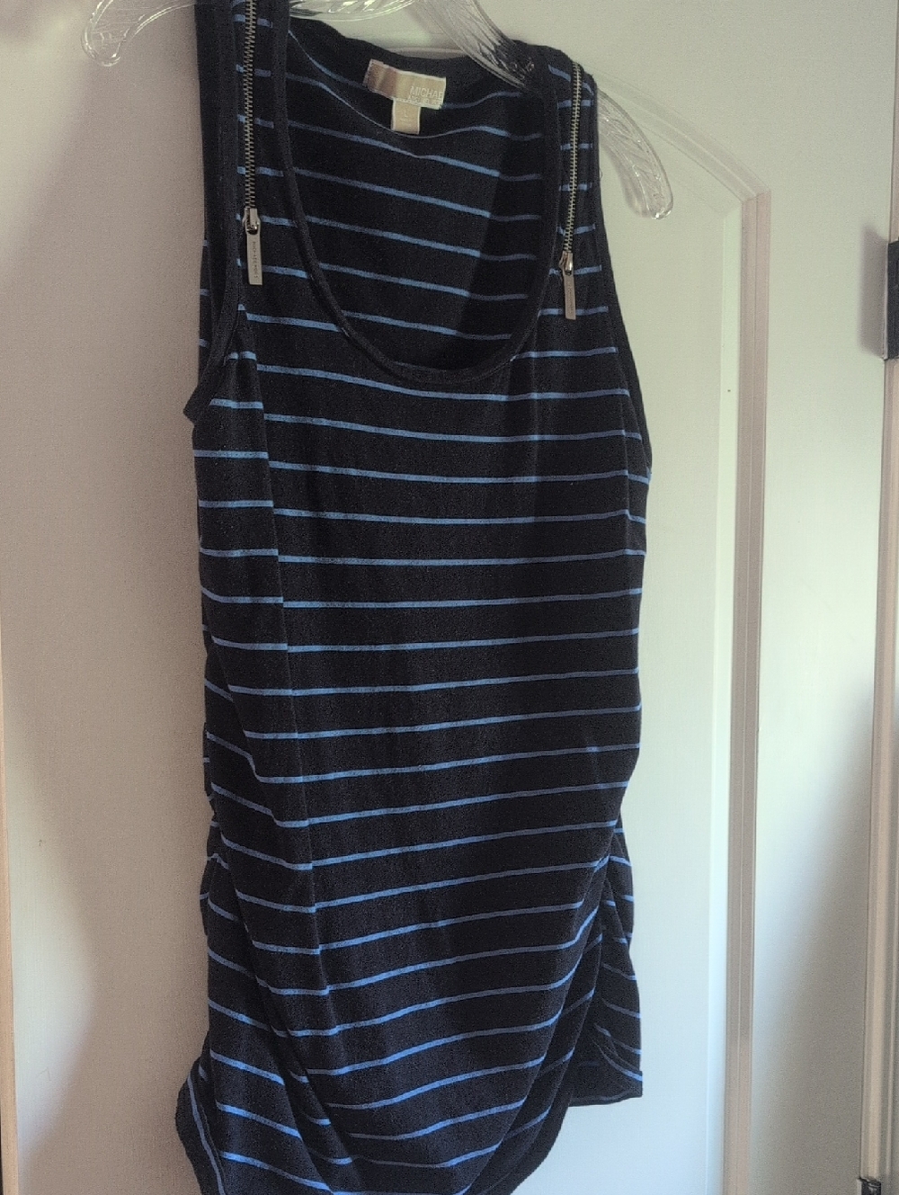 Michael Kors Navy Tank Top with Light Blue Stripes and Shoulder Zippers